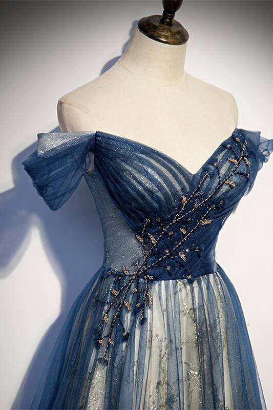 Off the Shoulder Navy Blue Tulle Formal Dress