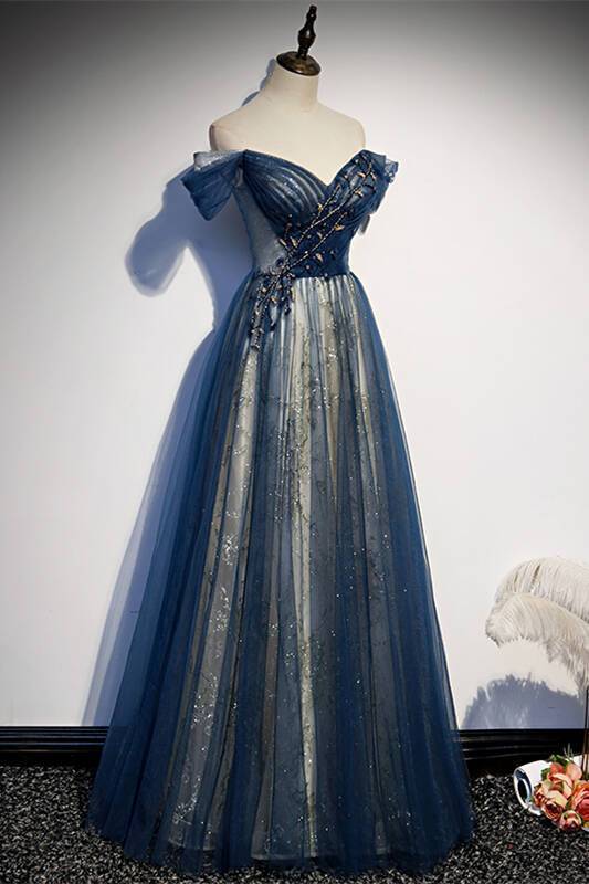 Off the Shoulder Navy Blue Tulle Formal Dress