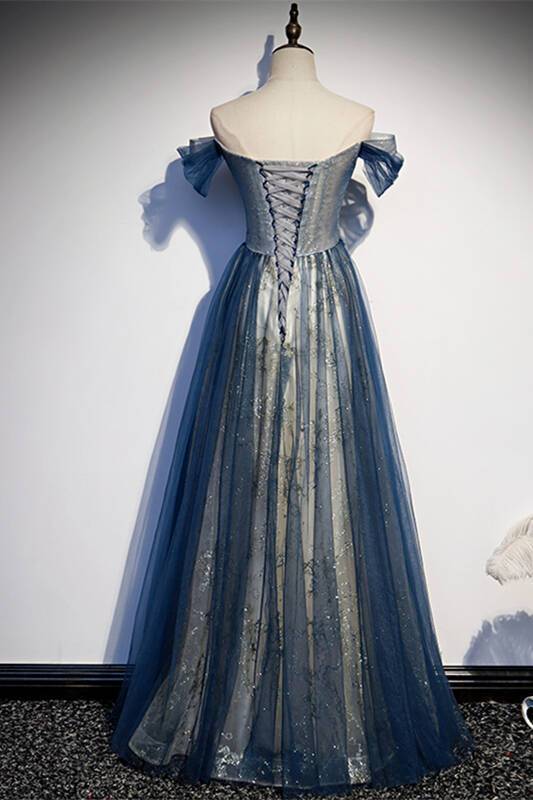 Off the Shoulder Navy Blue Tulle Formal Dress