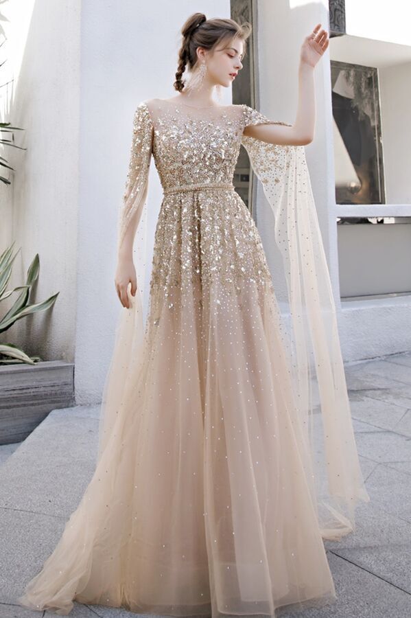 Luxurious Gold Tulle and Sequins Long Evening Dress