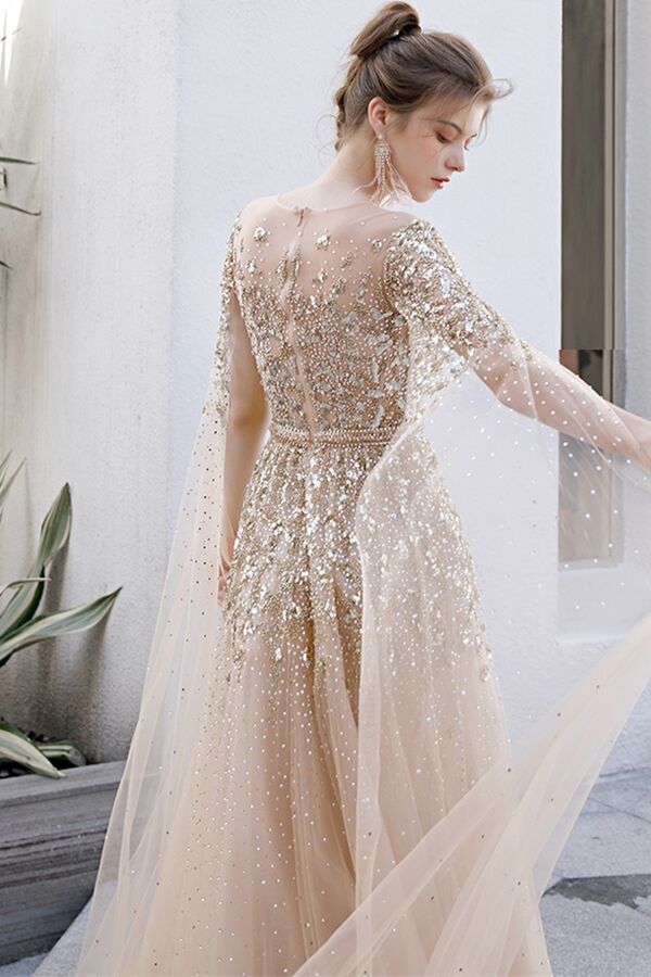 Luxurious Gold Tulle and Sequins Long Evening Dress