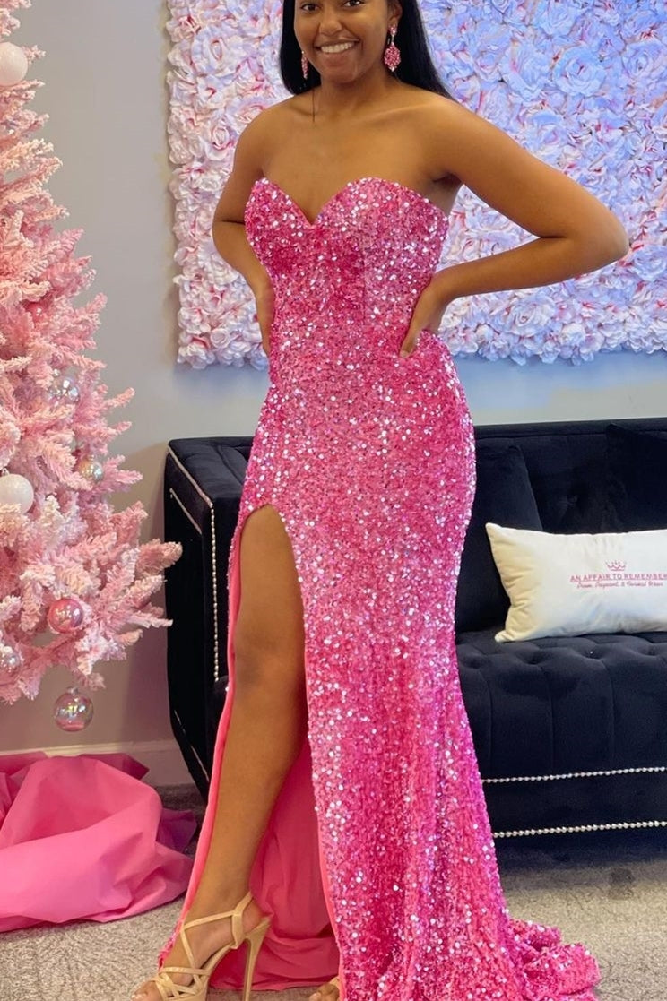 Sparkle Hot Pink Sequin Mermaid Sweetheart Long Prom Dress
