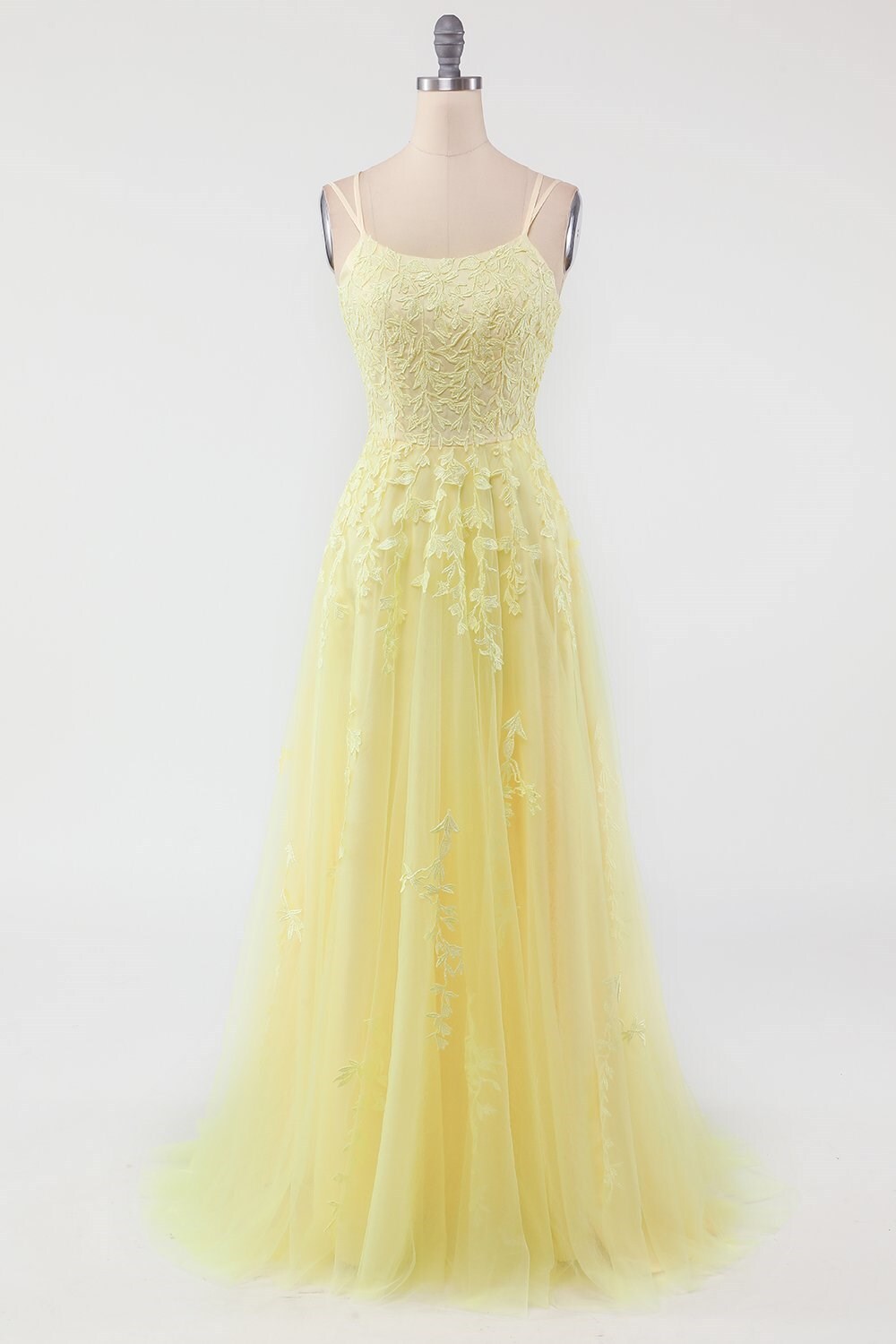 Princess Yellow Appliques A-line Long Prom Dress