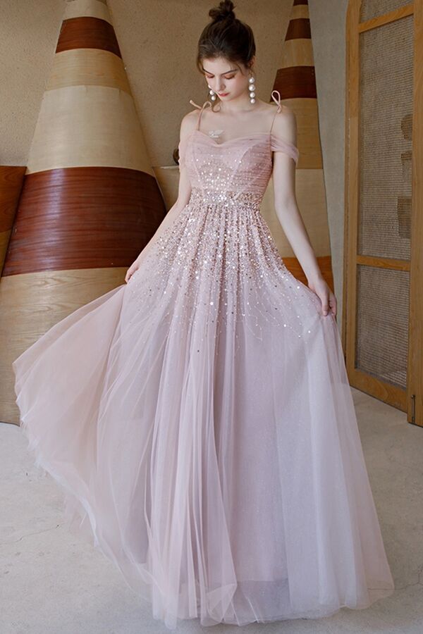 Princess Pink A-line Long Formal Dress with Sparkles 