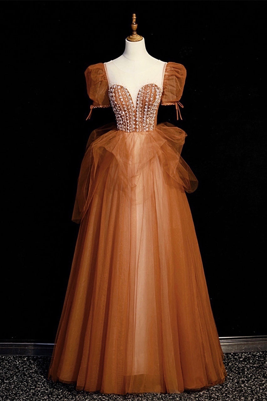 Tulle Off-the-shoulder Brown Short Sleeve A-line Prom Dress Tulle Off-the-shoulder Brown Short Sleeve A-line Prom Dress