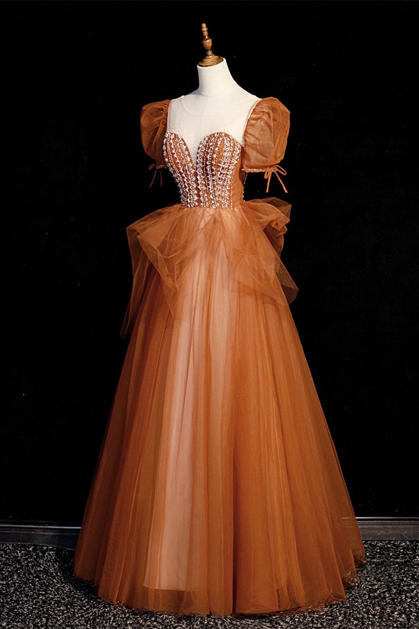 Tulle Off-the-shoulder Brown Short Sleeve A-line Prom Dress Tulle Off-the-shoulder Brown Short Sleeve A-line Prom Dress