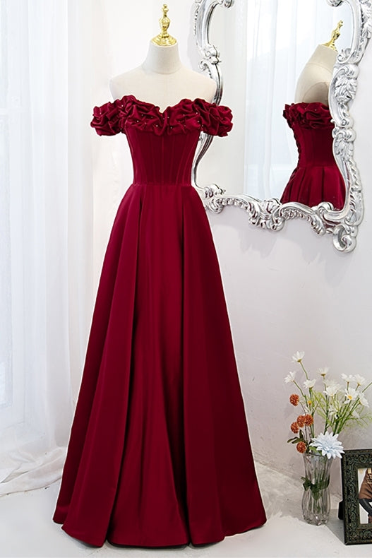 wine red princess dress A-line High-Neck Sleeveless Floor-Length Wine Red Satin Prom Dress, Pl