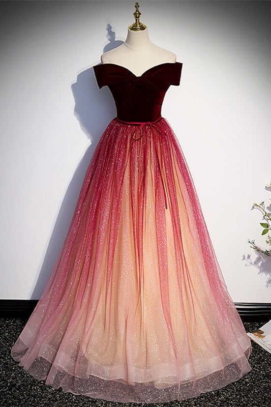 Off the Shoulder Wine Red Long Prom Dress