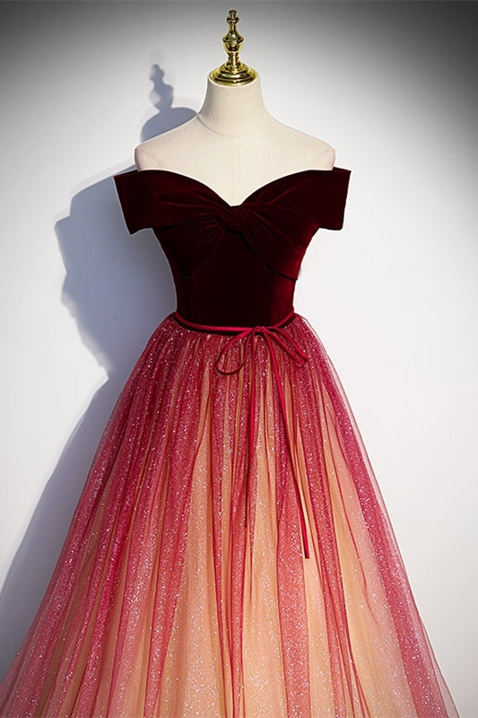 Off the Shoulder Wine Red Long Prom Dress