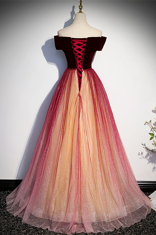 Off the Shoulder Wine Red Long Prom Dress