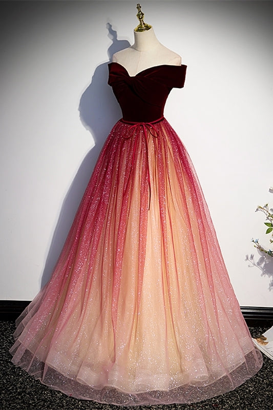 Off the Shoulder Wine Red Long Prom Dress