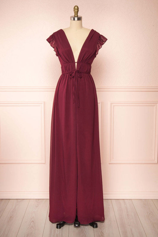 Flare Sleeves Burgundy Chiffon A-line Long Bridesmaid Dress