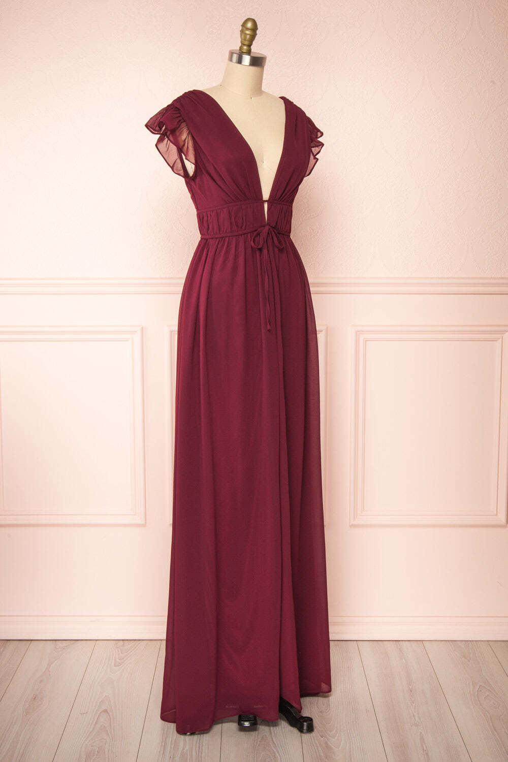 Flare Sleeves Burgundy Chiffon A-line Long Bridesmaid Dress