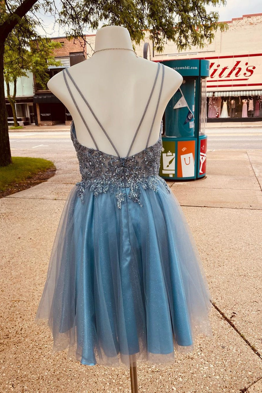 Misty Blue Beaded A-line Short Tulle Homecoming Dress