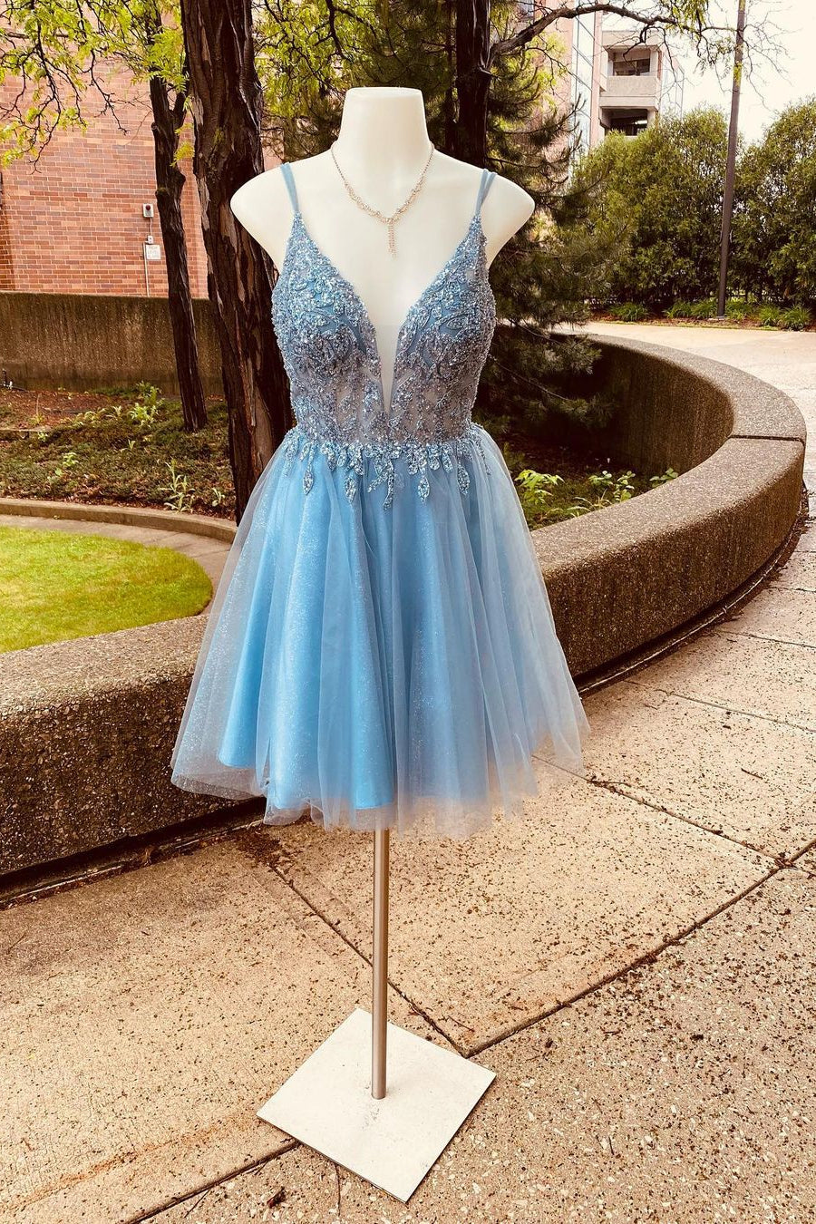 Misty Blue Beaded A-line Short Tulle Homecoming Dress