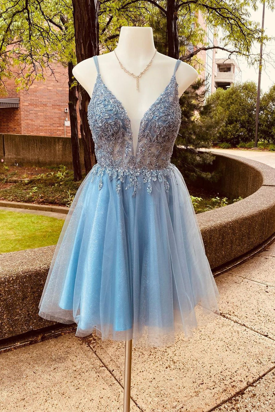 Misty Blue Beaded A-line Short Tulle Homecoming Dress