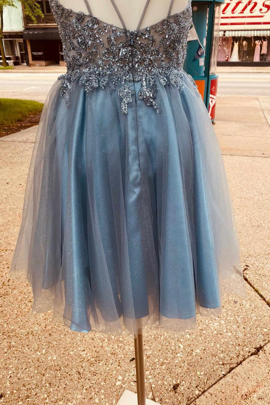 Misty Blue Beaded A-line Short Tulle Homecoming Dress