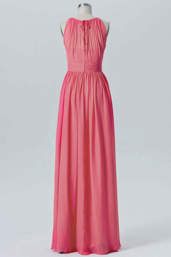 Coral Chiffon A-line Halter Long Bridesmaid Dress