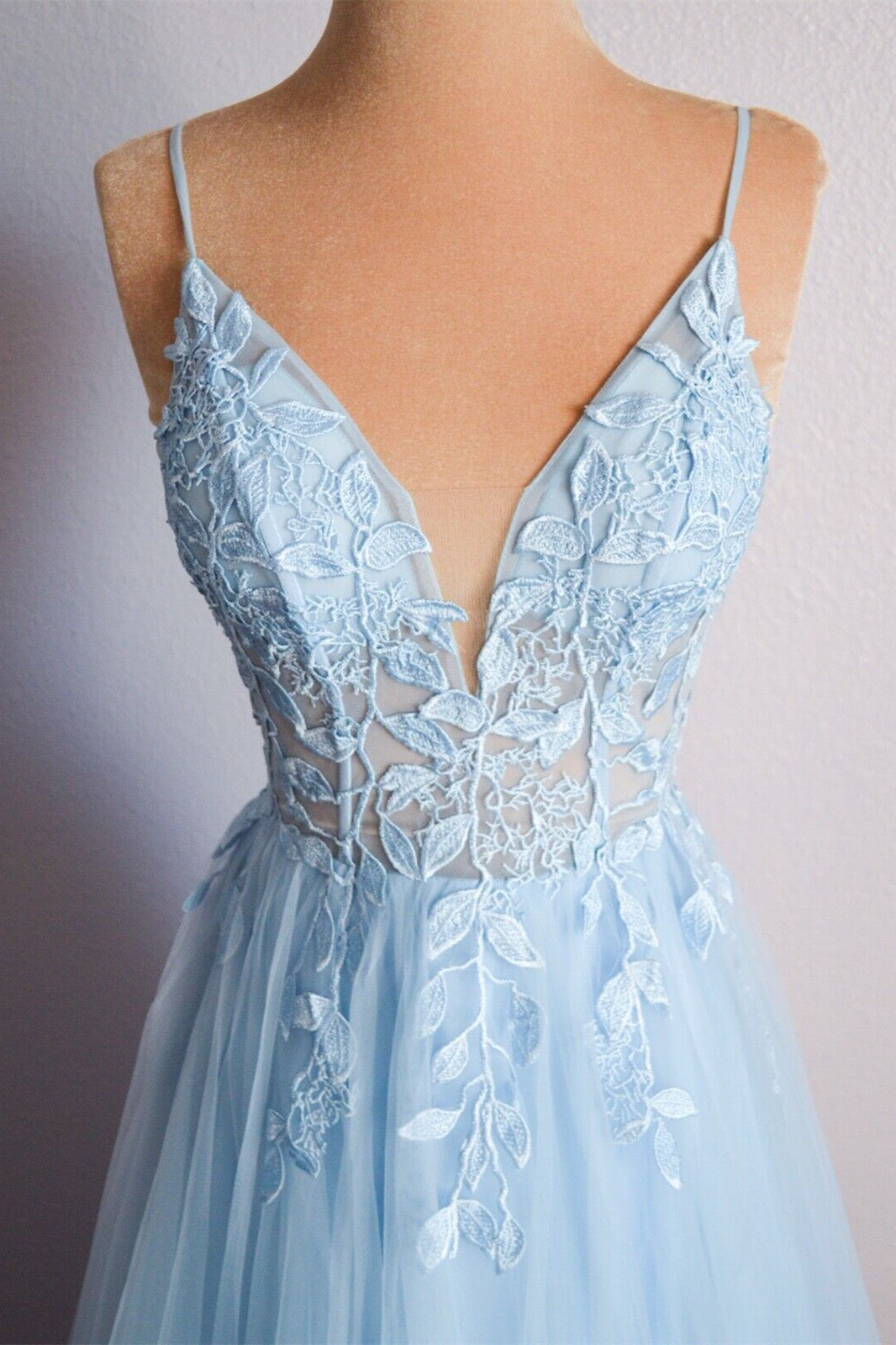 Straps Light Blue Tulle and Lace Appliques Long Formal Dress