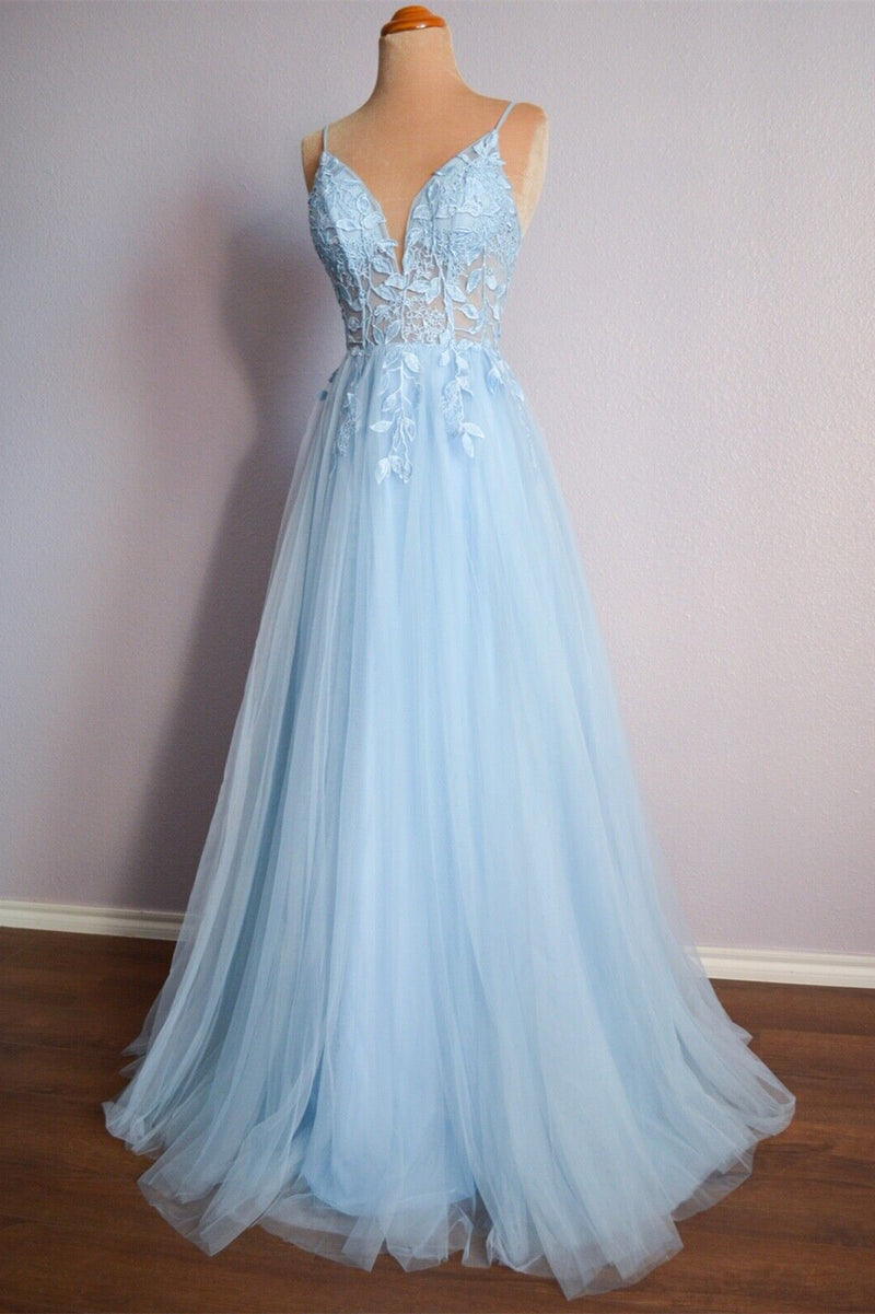 Straps Light Blue Tulle and Lace Appliques Long Formal Dress