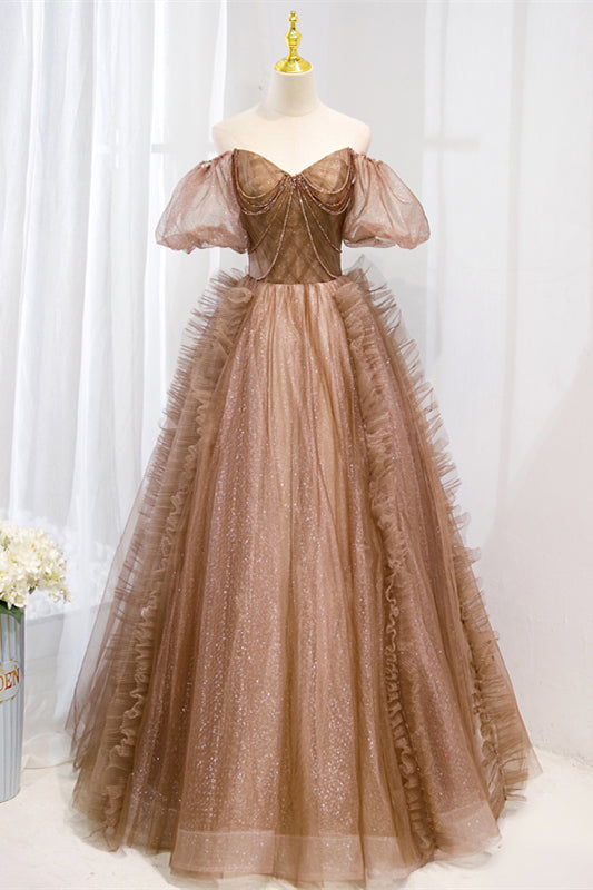 Short Puffy Sleeves Brown Off the Shoulder Long Formal Dress
