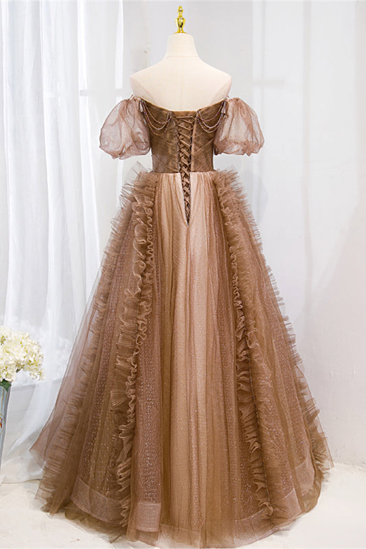 Short Puffy Sleeves Brown Off the Shoulder Long Formal Dress