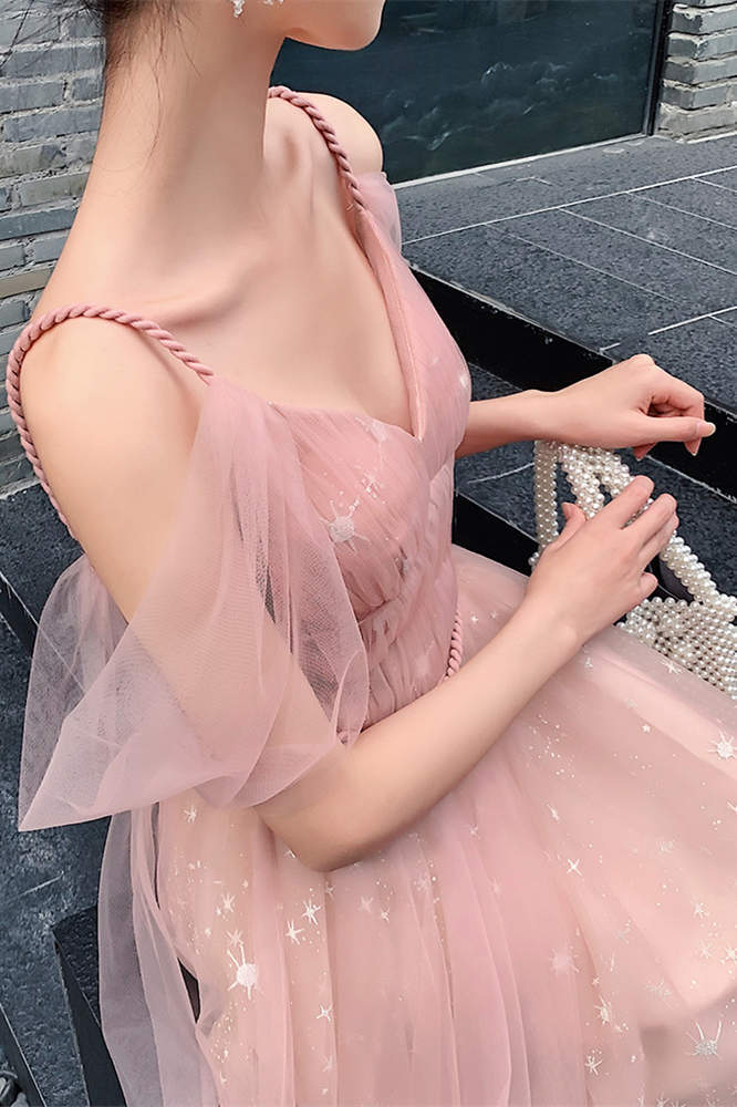 Straps A-line Blush Pink Tulle Long Party Dress