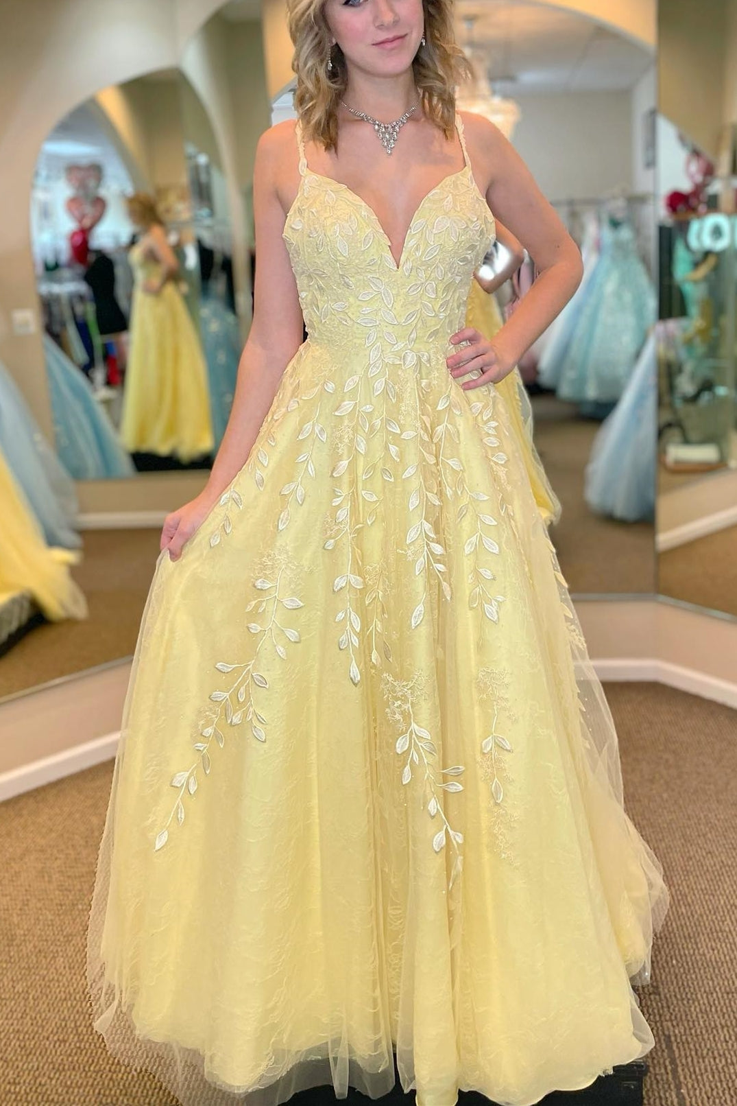 Princess Yellow Lace Appliques A-line Long Formal Dress