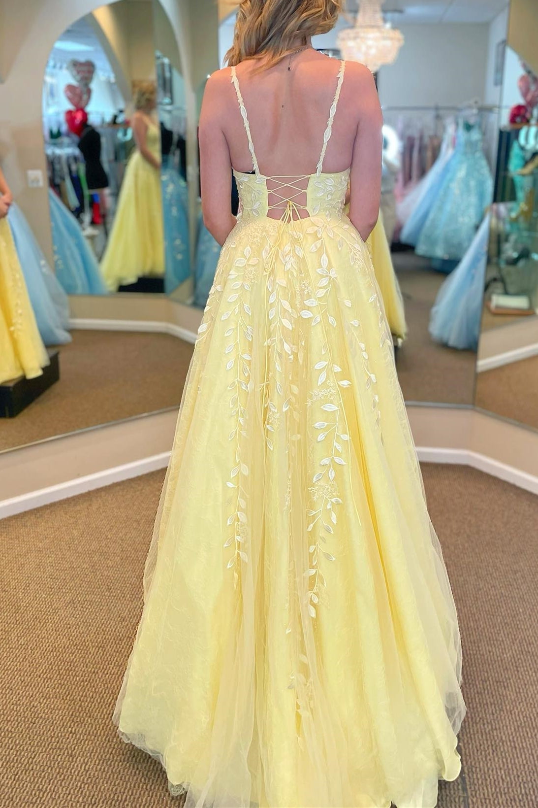 Princess Yellow Lace Appliques A-line Long Formal Dress