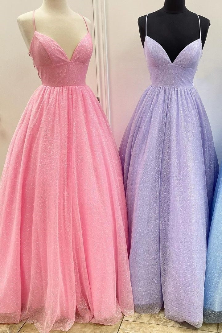 Princess Pink A-line Spaghetti Straps Long Prom Dress