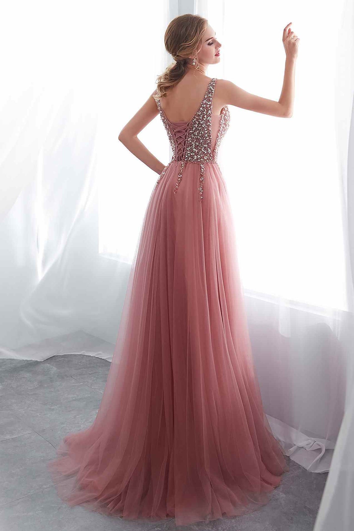 Blush Pink A-line Long Formal Dress with Slit 