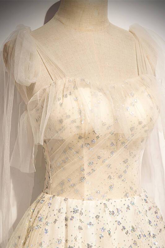 Sparkle Champagne Long Formal Dress with Tie Shoulders 