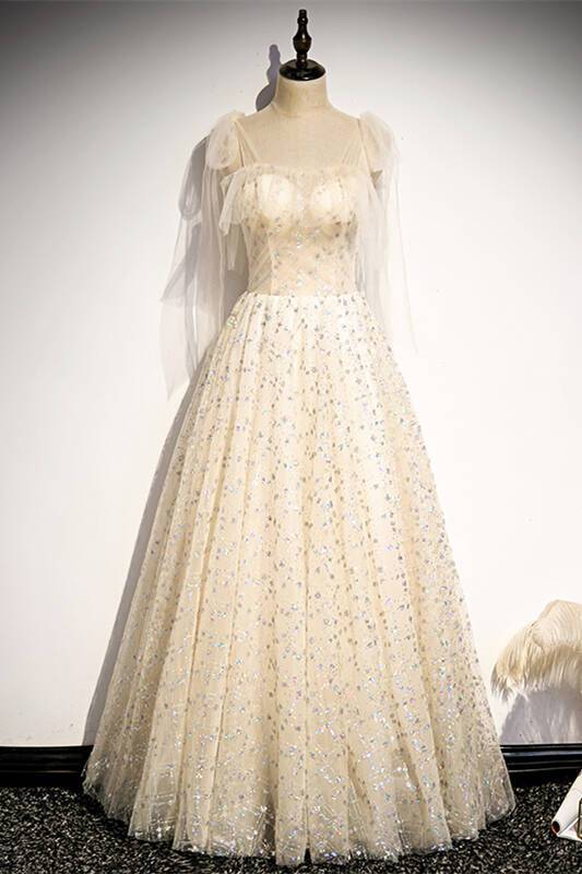 Sparkle Champagne Long Formal Dress with Tie Shoulders 