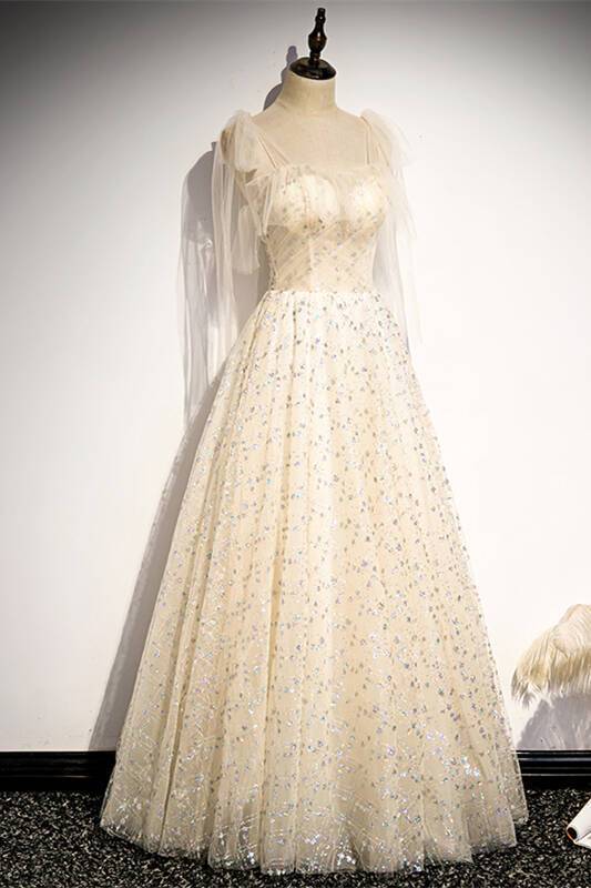 Sparkle Champagne Long Formal Dress with Tie Shoulders 