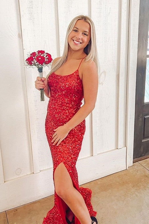 Straps Red Sequin Mermaid Long Prom Dress with Slit 