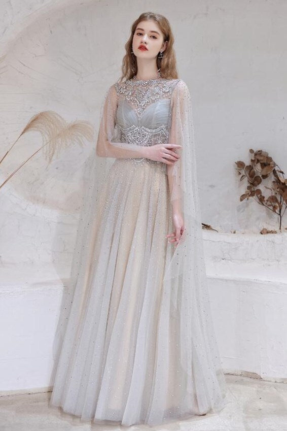 Luxurious Handmade Beade High Neck Evening Dress with Shawl