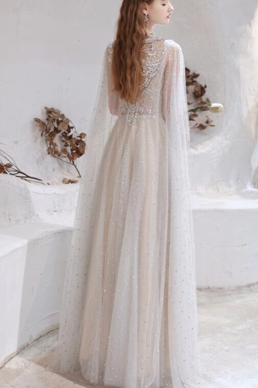 Luxurious Handmade Beade High Neck Evening Dress with Shawl
