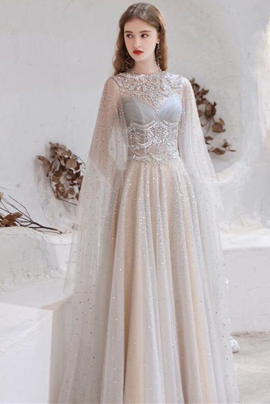 Luxurious Handmade Beade High Neck Evening Dress with Shawl