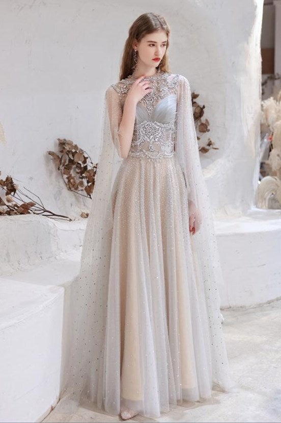Luxurious Handmade Beade High Neck Evening Dress with Shawl