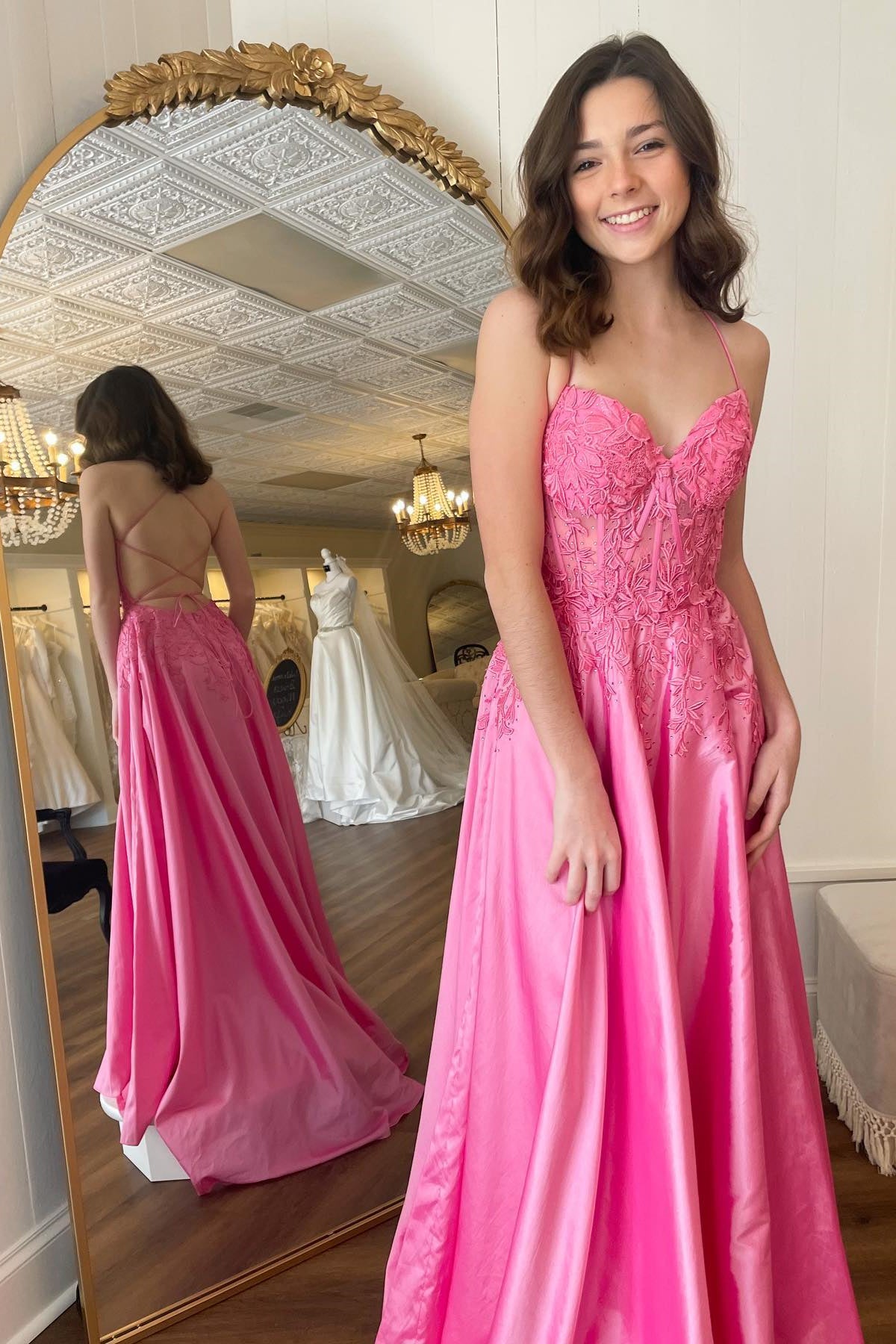 Princess Pink A-line Long Formal Dress with Straps 