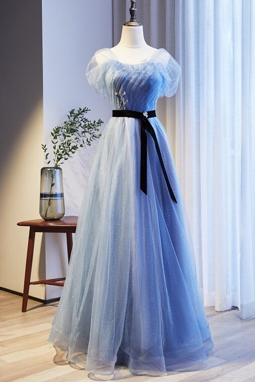 Cap Sleeves Blue A-line Tulle Long Formal Dress 