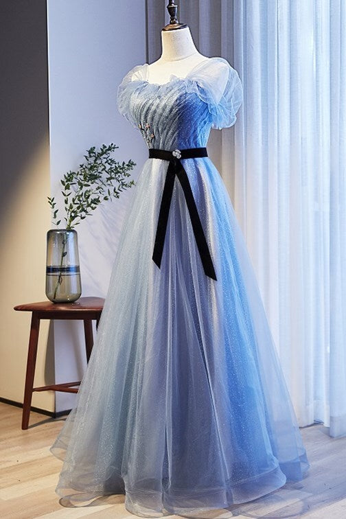 Cap Sleeves Blue A-line Tulle Long Formal Dress 