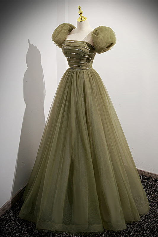 Strapless Green Tulle A-line Long Formal Dress