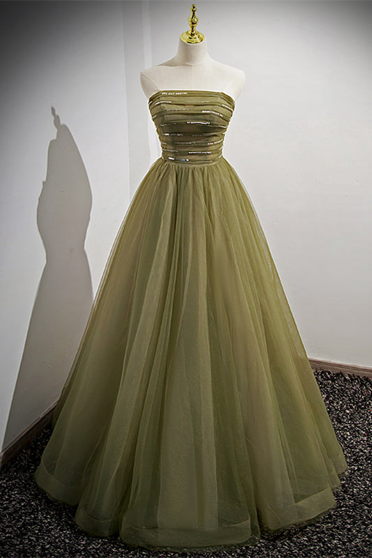Strapless Green Tulle A-line Long Formal Dress