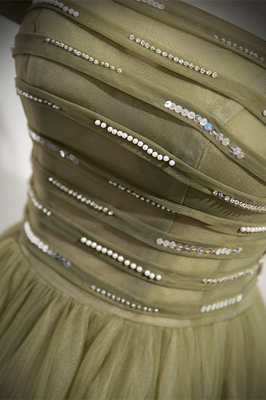 Strapless Green Tulle A-line Long Formal Dress