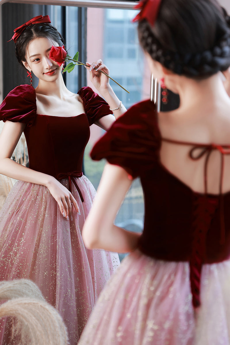 Burgundy Velvet Cap Sleeves Tulle Long Princess Dress