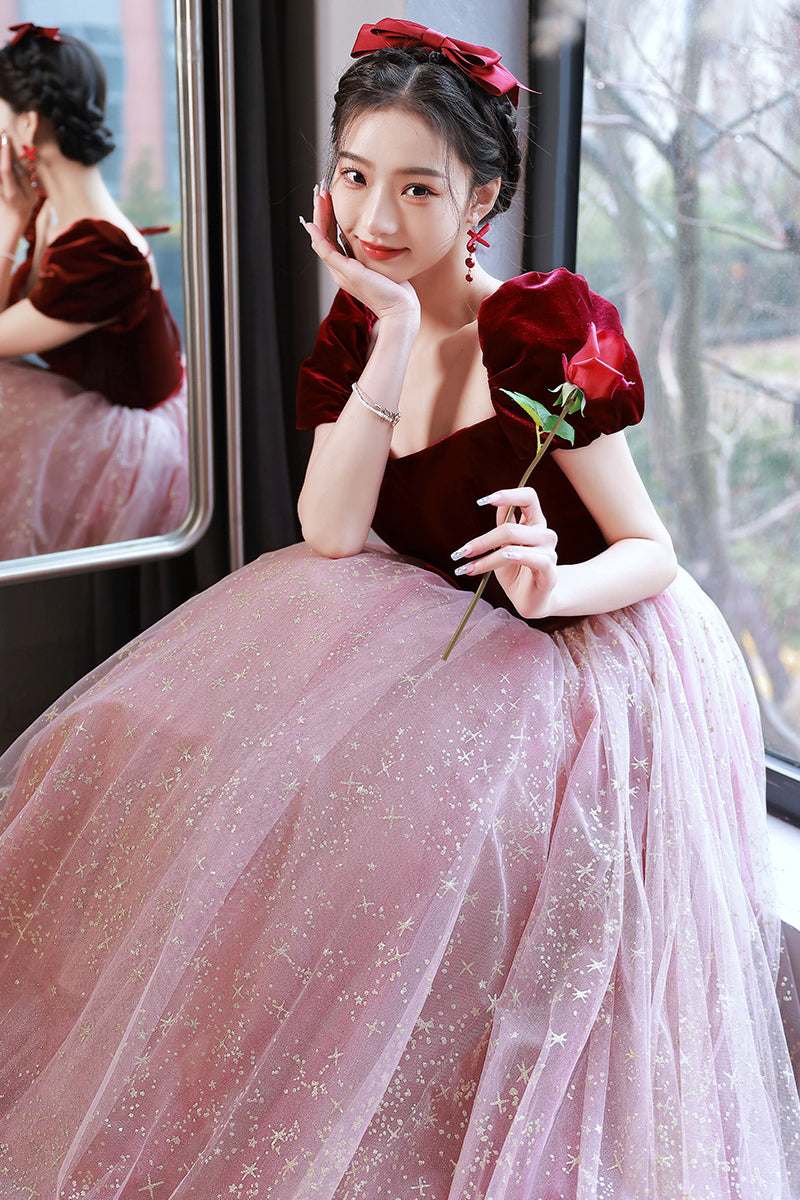 Burgundy Velvet Cap Sleeves Tulle Long Princess Dress