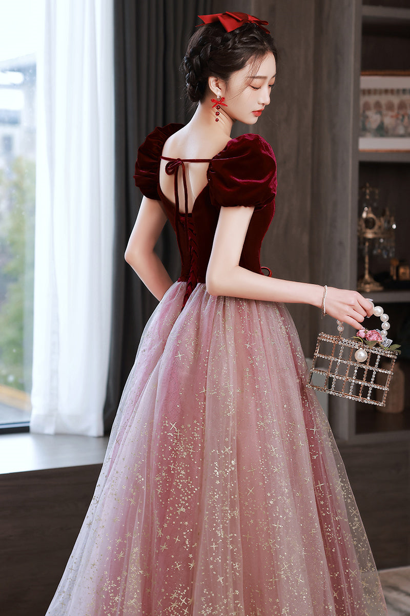 Burgundy Velvet Cap Sleeves Tulle Long Princess Dress