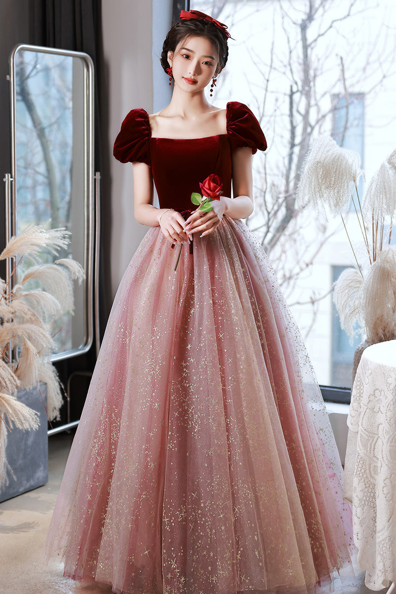 Burgundy Velvet Cap Sleeves Tulle Long Princess Dress