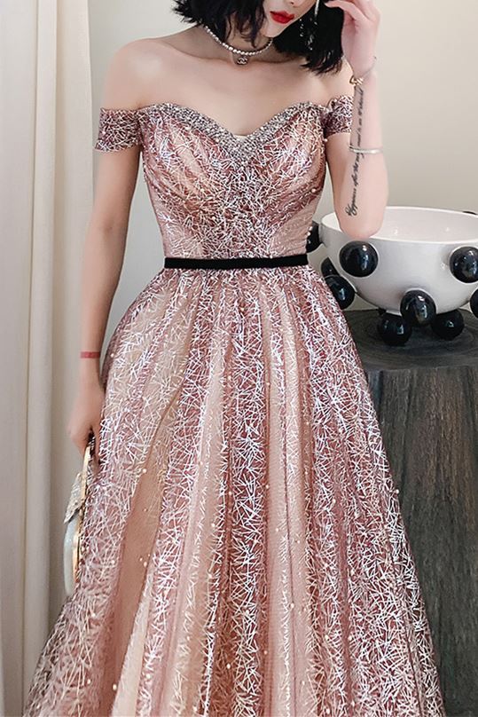 Stunning Off the Shoulder Champagne Long Formal Gown